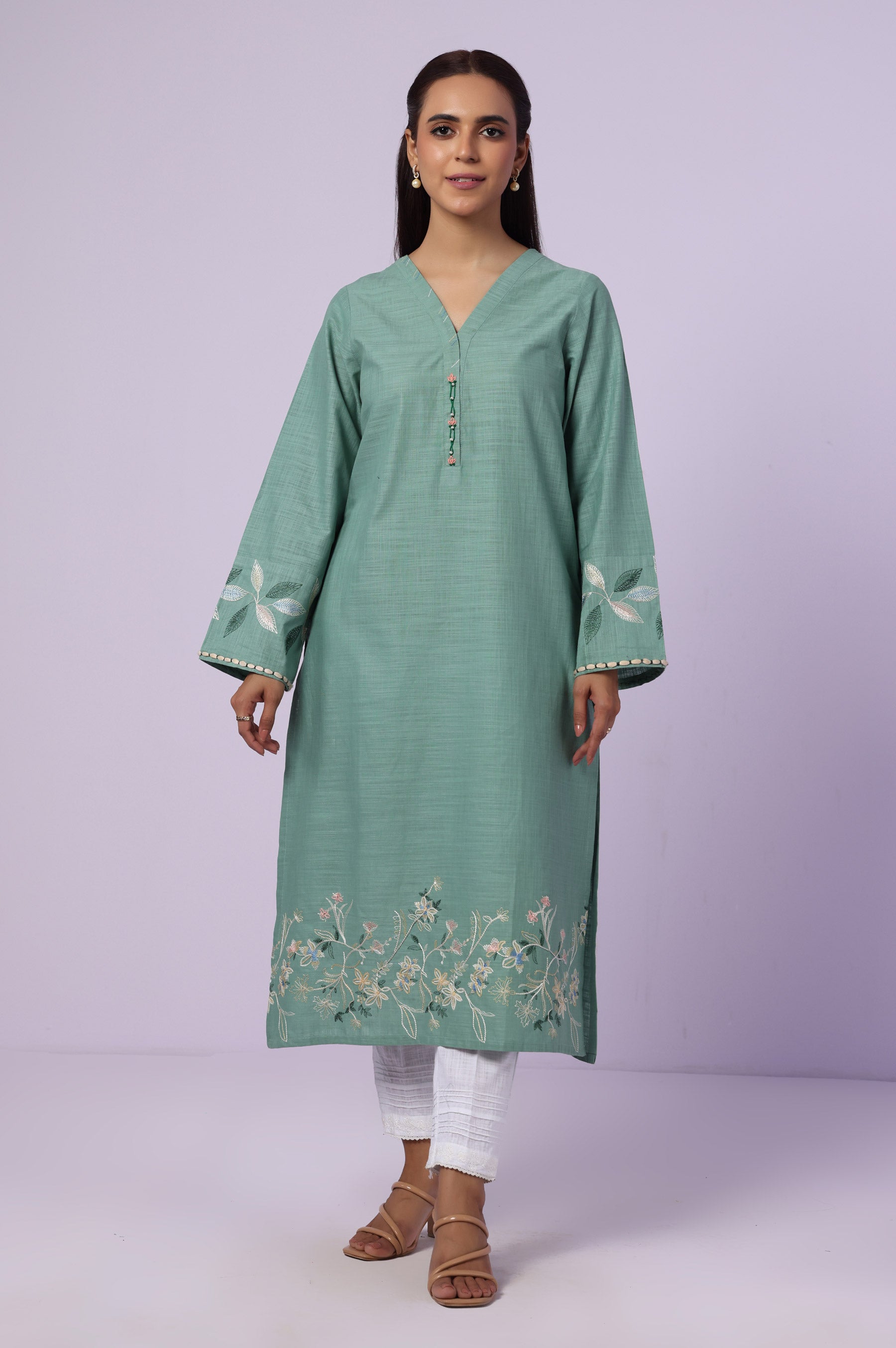 Stitched 1 Piece Embroidered Cotton Slub Shirt
